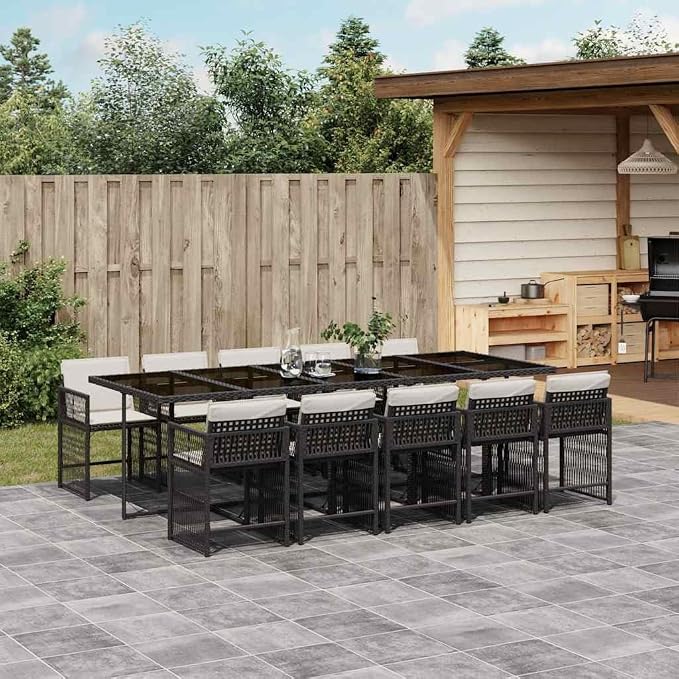 11-Piece Garden Dining Set - Black Poly Rattan Patio Furniture with Tempered Glass Table and 10 Foldable Chairs for Outdoor Backyard Deck, Large Outside Table Set