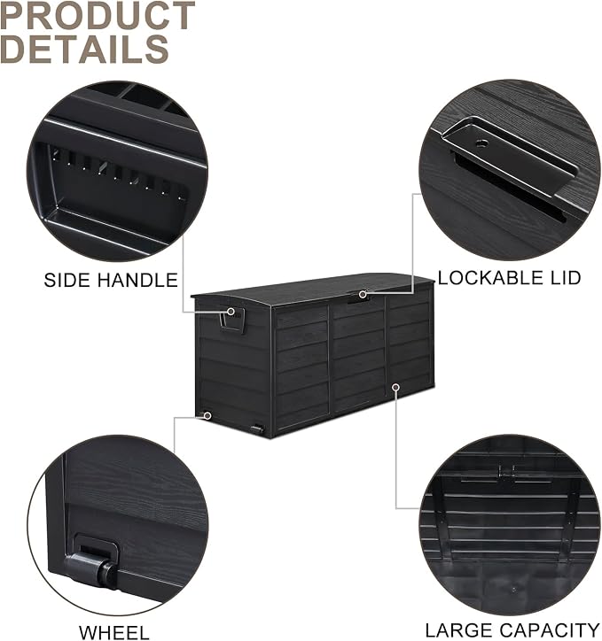 75-Gallon Outdoor Storage Bench with Wheels, Heavy-Duty Waterproof Deck Box for Patio, Garden, and Pool Organization (All black)