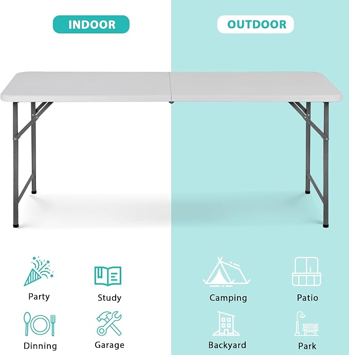 SUPER DEAL Upgraded 6FT Folding Picnic Table for Outdoor, Portable Fold-in-Half Plastic Dining Picnic Party Table with Carrying Handle