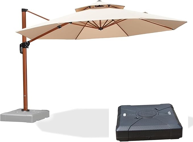 PURPLE LEAF Cantilever Umbrella with Base Outdoor Round Umbrellas Large Cantilever Umbrella Windproof Offset Heavy Duty Sun Umbrellas for Garden Deck Pool Patio, 13ft Beige