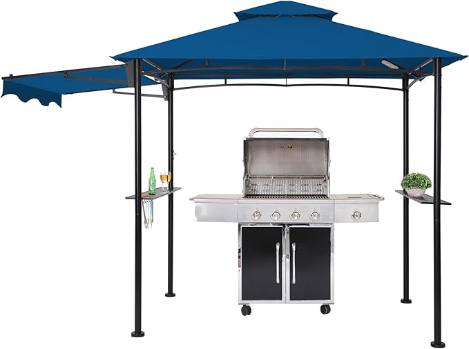 FAB BASED 5x8 Grill Gazebo with Extra Awning, All-Weather Steel Construction, Double Tiered & Resistant Canopy Roof, Metal Serving Shelves, 2 LED, Bottle Opener for Patio, Backyard, BBQ (Blue)