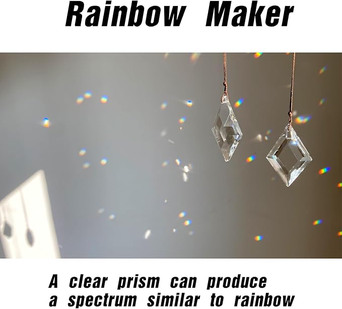 2PCS Rhombus Crystal Suncatcher Prisms for Windows (Rhombus Clear) | Clear, K9 Glass, Rainbow Maker, with Hooks & Cord