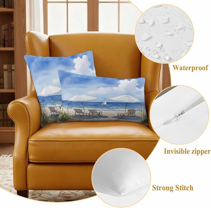Watercolor Summer Beach Outdoor Waterproof Throw Pillow Covers Set of 2, 18"x18", Sun Umbrella Beach Chair Decorative Pillow Covers Outside Cushion Case for Patio Porch Garden