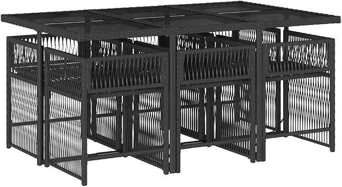 7 Piece Patio Dining Set with Cushions Black Poly Rattan Outdoor Furniture Table and 6 Folding Chairs Tempered Glass Top UV-Proof for Garden Backyard Deck Entertaining 242.5 lb Capacity