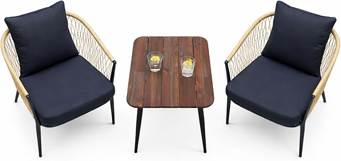 Alpine Corporation VTFAM166A 3-Piece Outdoor Patio Bistro Set – Wooden Accent Table & 2 Wicker Armchairs with Seat & Back Cushions – Modern Indoor/Outdoor Conversation Set, Natural & Black