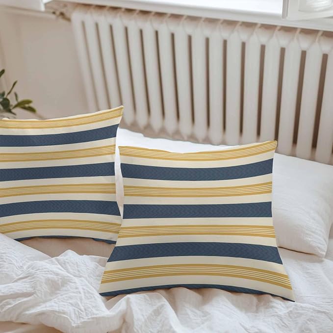 Vandarllin Outdoor Throw Pillows Covers 20x20 inch Set of 2 Waterproof Navy Blue Stripes Lines Decorative Zippered Cushion Covers for Patio Furniture, Yellow Classic Striped Lumbar Pillowcases