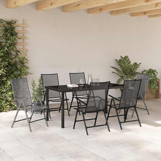 7 Piece Garden Dining Set, Anthracite Powder-Coated Steel Patio Furniture, Foldable Outdoor Table and 6 Chairs, Adjustable Height Dining Table for Backyard, Deck, and Lawn
