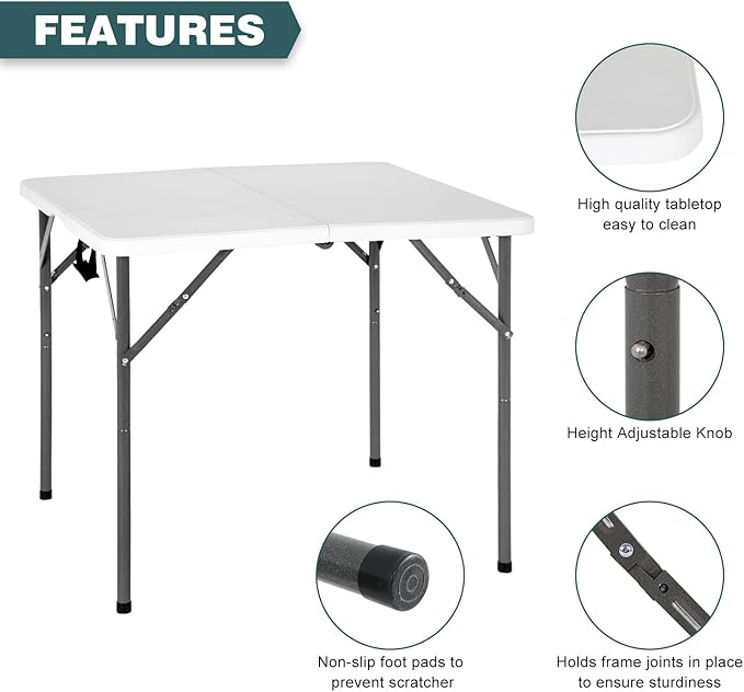 FDW 34" Square Outdoor Dining Table, Foldable Portable Plastic Folding Card Table with Built in Carrying Handle and Height Adjustable for Party and Wedding Use, White