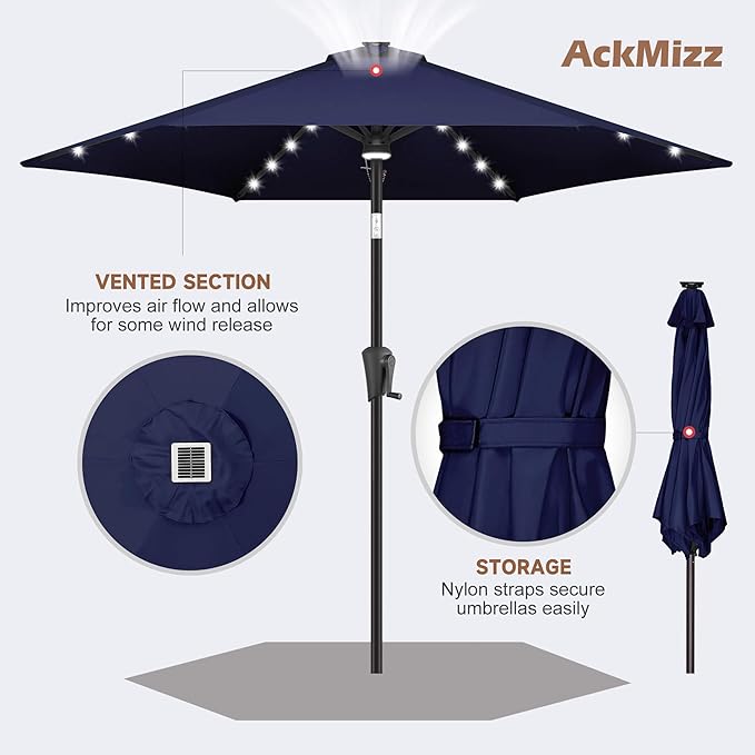 10ft Solar Patio Umbrella - Outdoor Umbrella with Centre Surround Light 24 LED Lights, Market Table Umbrella with Tilt for Pool, Porch, Garden, Deck, Backyard UV Protection (Navy Blue)