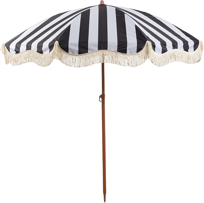 Rayjee 6.5FT Patio Umbrella with Fringe, Portable Boho Beach Umbrella, Tilt & Adjustable Height, 2-Piece Aluminum Pole for Pool, Garden, Deck & Beach