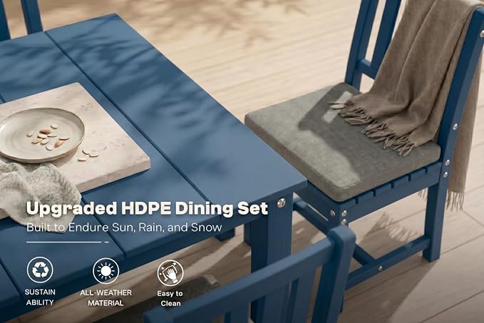 Perli™ 5-Piece Outdoor Dining Set, All-Weather HDPE Patio Furniture with 4 Armless Chairs and Rectangular Table, UV-Resistant 4-Person Set for Deck, Backyard, Blue