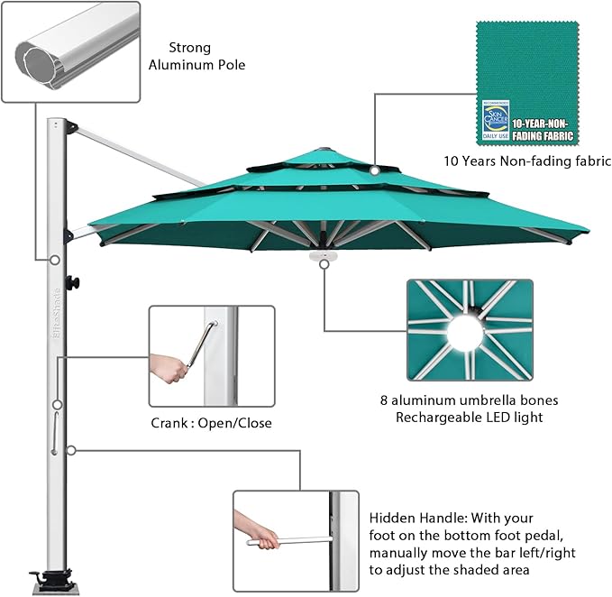 EliteShade USA APOLLO 3-Tier 11FT Full Aluminum Cantilever Patio Umbrella for Outdoor Restaurant Garden Courtyard Deck Pool and Marketing with Light (No battery), Teal