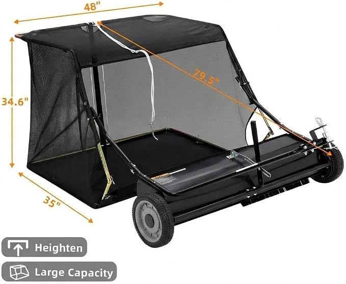 Garvee 48" Tow-Behind Lawn Sweeper – 26 cu.ft. Large-Capacity Pull-Behind Grass & Leaf Collector, Heavy-Duty Adjustable Height, Dumping Rope Design for Easy Debris Disposal, Fits Tractors & ATVs