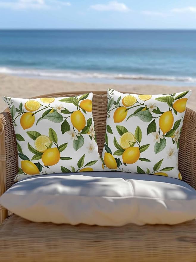 Outdoor Waterproof Throw Pillows Watercolor Lemon Green Leaves Flower Patio Pillows,Decorative Pillow Covers with Insert,Pillow Cushion Case for Garden Couch Sofa Farm Fruit Harvest