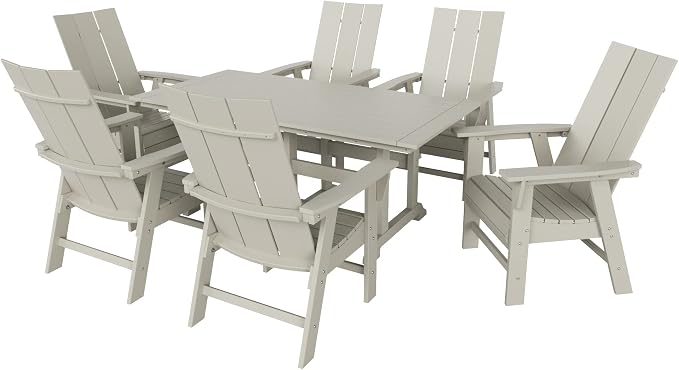 WestinTrends Ashore 7 Pieces Adirondack Outdoor Dining Set, All Weather Poly Lumber Slatted Modern Farmhouse Outdoor Furniture Set, 71" Trestle Dining Table and 6 Adirondack Dining Chair, Sand