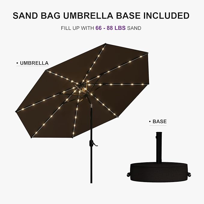 PURPLE LEAF 10' Round Patio Umbrella with Solar LED Outdoor Table Umbrella Aluminum Frame Market Umbrella with 8 Sturdy Ribs & Tilt for Garden Deck Lawn Pool Taupe
