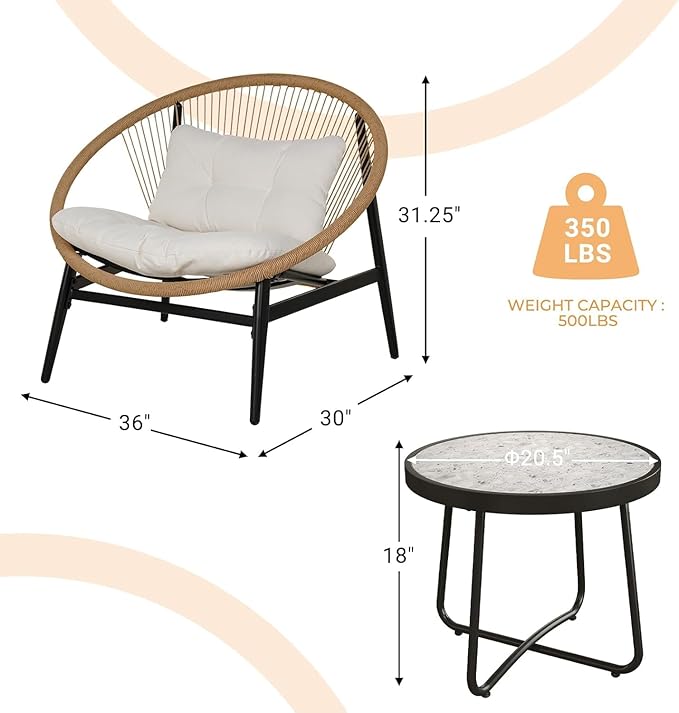 Grand patio 3-Piece Outdoor Patio Conversation Set, Patio Wicker Seating Set, Oversized Chairs with 4.75" Cushion Coffee Table for Garden Poolside Backyard Lawn
