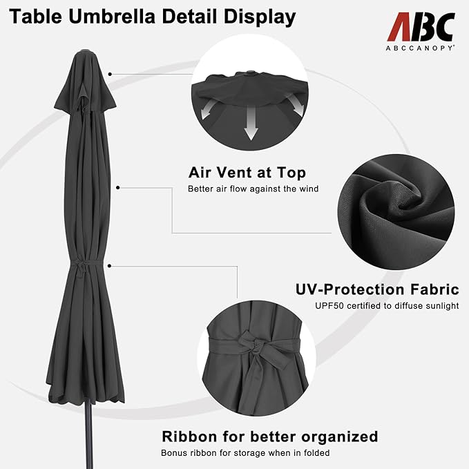 ABCCANOPY 10FT Patio Umbrella Outdoor Garden Table Umbrella Market Umbrella with Tilt Adjustment and Crank Lift System, 8 Ribs,12+Colors,Iron Gray