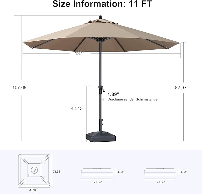 PURPLE LEAF 11' Round Patio Market Umbrella with Base Outdoor Table Umbrellas Aluminum Frame Sun Shade with 8 Sturdy Ribs for Garden Deck Lawn Pool Taupe