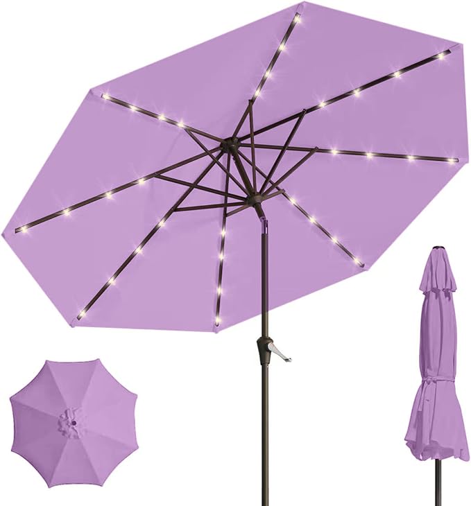 9' Solar LED Patio Umbrella with Tilt & Crank|8 Sturdy Ribs,UV Protection,Outdoor Market Table Umbrella for Deck,Lawn,Pool,Backyard(Taro Purple)