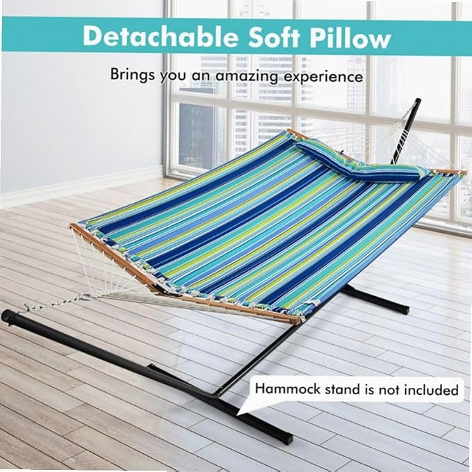 Beech Wood Foldable Patio Hammock with Detachable Pillow & Adjustable Chains, 55.5x75in, 265lb Capacity, Blue & Green Mix Color