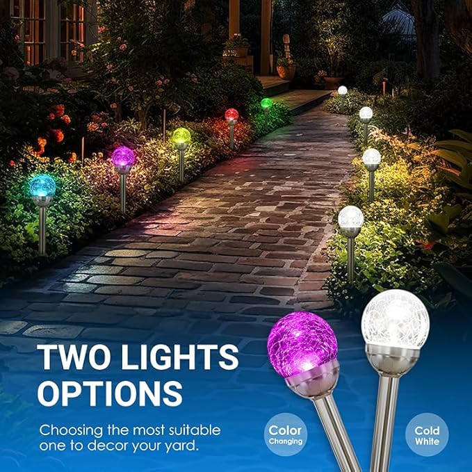 Solar Garden Stake Lights, Color Changing Crackle Glass Globe, Outdoor Pathway Decor, 3-Pack (3)