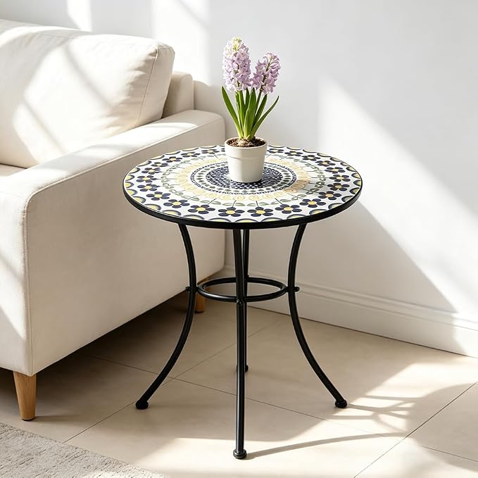 23.6" Outdoor Patio Mosaic Round Table Garden Bistro Accent Table | Ceramic Tile Waterptoof Side End Table Metal Frame Dining Table Furniture for Balcony Backyard Porch Poolside Terrace