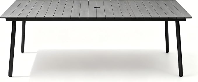 Pellebant 95" Patio Outdoor Dining Table for 8-10, Weather-Resistant Aluminum Frame with Wood-Grain Top & Umbrella Hole for Deck Gatherings, Grey