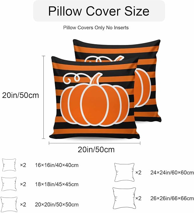 Orange Pumpkins Outdoor Waterproof Pillow Covers, Autumn Black Stripes Farmhouse Decorative Square Throw Pillowcase Sofa Cushion Sham for Patio/Couch/Chair, 18"x18" 2 Pack