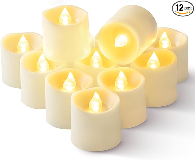 Homemory 12Pack Timer Flameless LED Votive Candles, Long Lasting Battery Operated Tea Light with Timers, 6 Hours On and 18 Hours Off Cycle Automatically for Wedding,Table Decorations (Ivory Base)