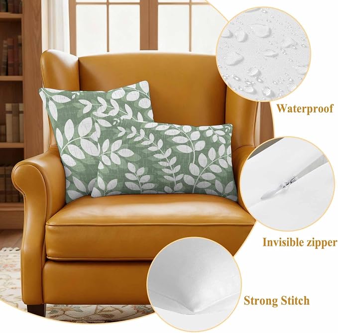 Green Leaves Outdoor Waterproof Throw Pillow Covers 20x20 Set of 2, Farmhouse Botanical Branch Vintage Boho Leaf Decorative Pillowcases Cushion Pillowcase for Couch Sofa Patio Outside Pillow Protector