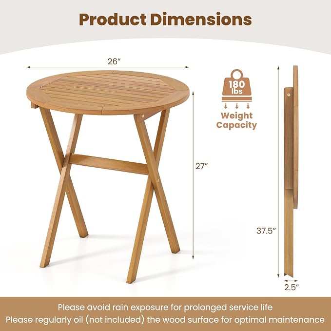 HAPPYGRILL Folding Acacia Wood Patio Table, Round Outdoor Bistro Table 26”, Outside Wooden Coffee Side Table for Porch Balcony Garden and Backyard (1)