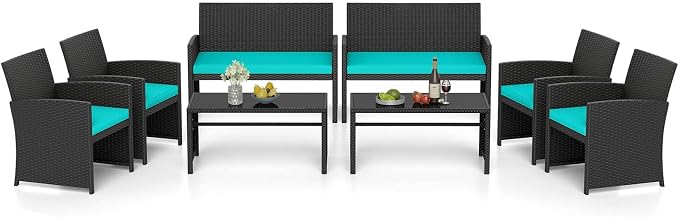 RELAX4LIFE 8-Piece Patio Furniture Set - Wicker Rattan Outdoor Sectional Sofa Set w/Glass Coffee Table, Loveseat, Chairs & Soft Cushions, Bistro Conversation for Garden Porch (2, Black-Turquoise)