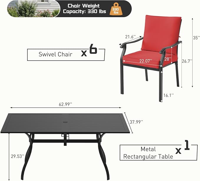 7 Piece Outdoor Patio Dining Set, 62’’ Rectangular Metal Dining Table with Umbrella Hole & 6pcs Outdoor Metal Dining Chairs, Outdoor Furniture Dining Set for Patio, Balcony, Lawn, Garden, Backyard