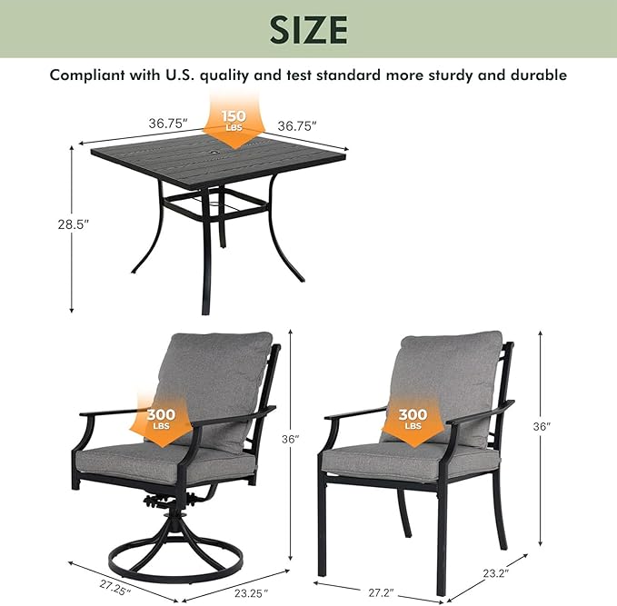 Grand patio Outdoor Patio Dining Set 5-Piece E-Coated Outdoor Furniture Set with 2 Swivel Dining Chairs & 2 Fixed Dining Chairs and 1 Square Dining Table with Umbrella Hole, Grey