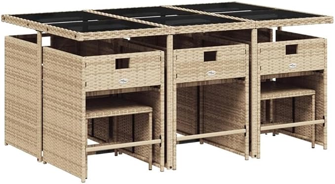Afuera Living 10-Seater Rattan Patio Dining Set with Cushions, Textured White Finish, UV-Resistant PE Rattan, Powder-Coated Steel, Foldable Chairs and Stools, Rectangular Table for Outdoor Garden or