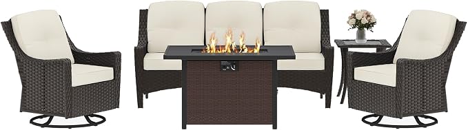 5-Piece Patio Furniture Set, Featuring a fire Pit Table, Rattan Swivel Chairs, Patio Sofa, and Side Table. Ideal for backyards, patios, and Poolside Areas.