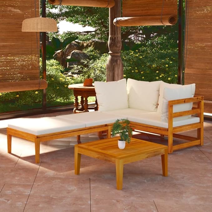 Patio Lounge Set with Cream White Cushions,Patio Furniture Sets,Patio Conversation Sets,Outdoor Furniture Sets,for Garden,Backyard,Outdoor,3 Piece Acacia Wood