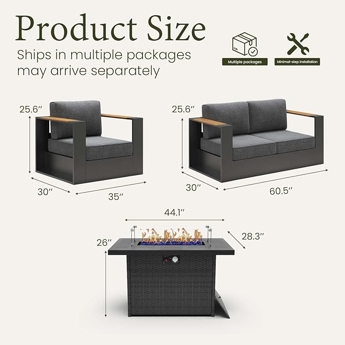 LayinSun 4 Pieces Aluminum Patio Furniture Set with Fire Pit Table, Oversized Outdoor Conversation Set 4 Seats with 6" Thick Cushions for Outside Porch, Balcony, Deck