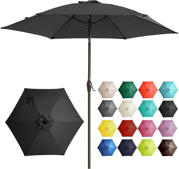 Ayge 7.5FT Large Outdoor Patio Umbrella Market Table Umbrella-UV Resistant, Easy Push Button Tilt and Crank, 6 Sturdy Fiberglass Ribs Heavy-Duty Pool Umbrella for Deck, Backyard,Garden, Yard,Black