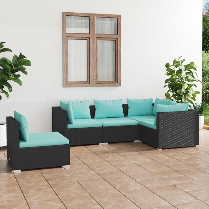 5 Piece Patio Lounge Set with Cushion, Furniture Conversation Sets Patio Lounge Set Piece Patio Set Outdoor Patio Sectional s Poly Rattan Black