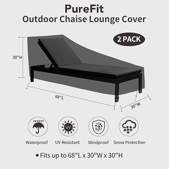 PureFit Outdoor Chaise Lounge Cover, Lounge Chair Covers Waterproof Patio Furniture Lounge Chair Cover, UV Resistant & Weatherproof, 2 Pack, 68" L x 30" W x 30" H Inches, Black