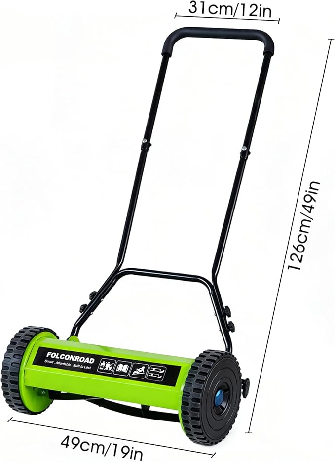 14-Inch 4-Blade Push Reel Lawn Mower, Manual Reel Push Mower, Walk-Behind Lawn Mowers, 5-Position Cutting Height Adjustment for Garden, Yard and Field, Suitable for 1-3 Inches of Grass