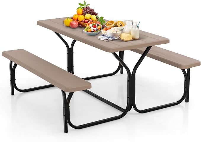 Picnic Table, Camping Portable Picnic Table Bench Set for 4 Persons, Heavy-Duty Steel Frame & Resin Tabletop, All Weather Outdoor Picnic Tables for Patio Travel BBQ Party Garden (Brown)