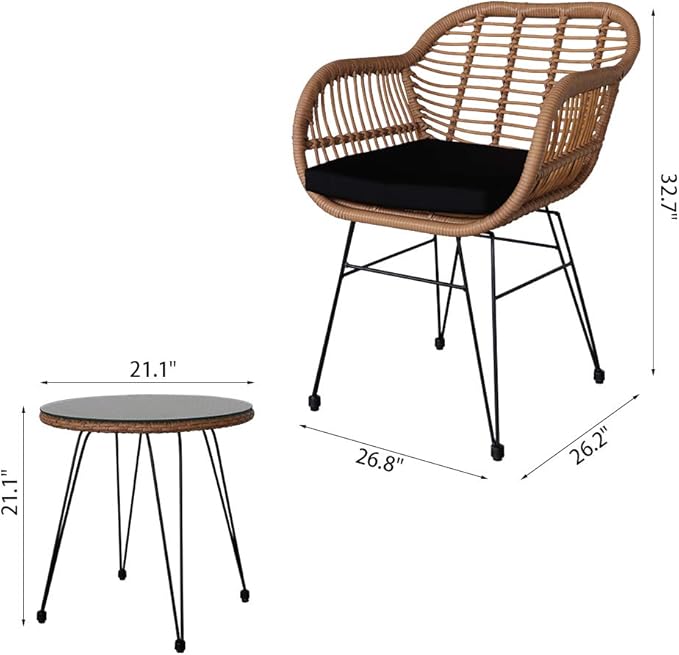 Patio Furniture Set, 3-Piece Outside Bistro Set Rattan Wicker Chairs, Tempered Glass Table, Outdoor Conversation Set,Outside Patio Conversation Sets
