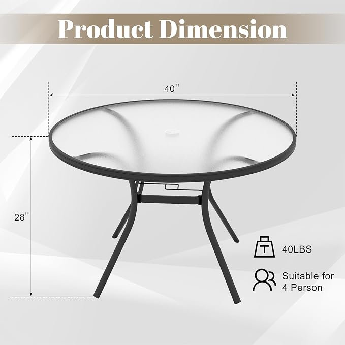 Glass Dining Table, 40" Outdoor Round Patio Table with Steel Base & 1.7" Umbrella Hole, Black Frame