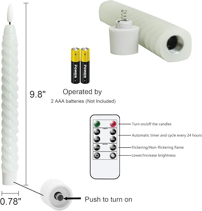 Flameless Taper Candles Real Wax Flickering with Remote Timer, Pastel White 3D Wick LED Spiral Candles Battery Operated 6 Pack 9.8 inch, Wedding Birthday Home Party Holiday Dinner Decor