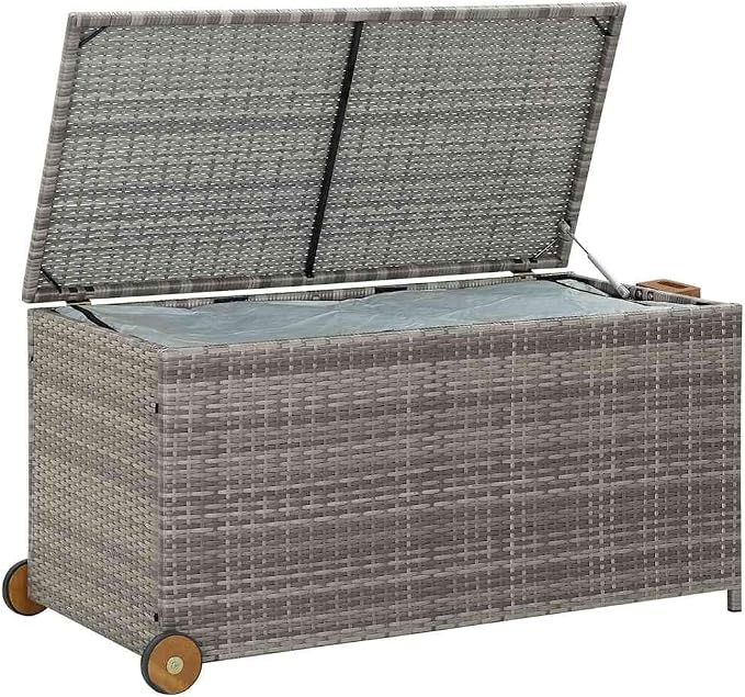 Garden Deck Box with Wheels, Waterproof Patio Storage Box Light Gray 47.2"x25.6"x24", Outdoor Cushion Storage for Pillows Blankets Toys, Poly Rattan