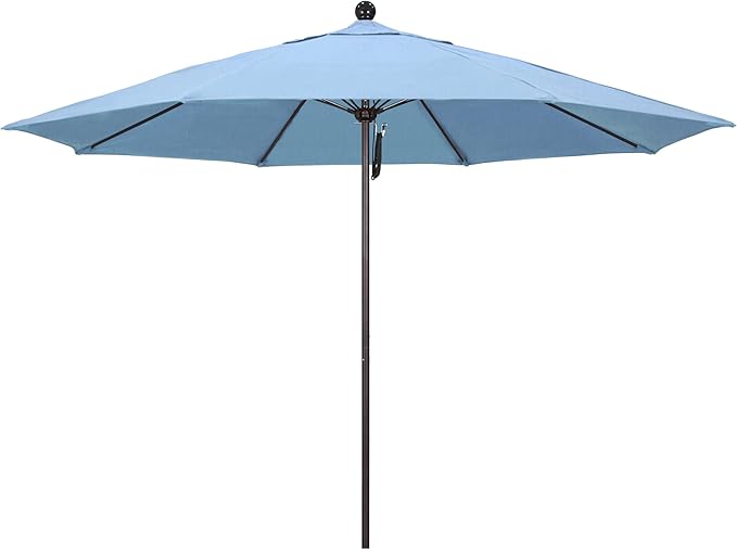California Umbrella 11Ft Commercial Grade Sunbrella Fabric Market Umbrella, Pulley Lift, Aluminum/Fiberglass, 2mm pole wall, Bronze Frame, Air Blue Fabric