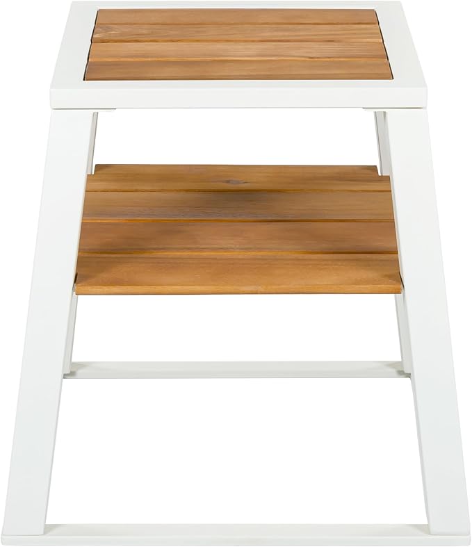Outdoor Side Table, 2-Tier Acacia Wood End Table with White Iron Frame, Weather-Resistant Patio Side Table with Storage Shelf, Teak Finish, 30 lbs Capacity, White